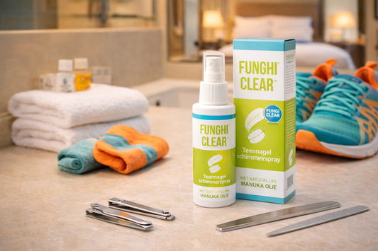 FunghiClear spray and matching box displayed on a hotel bathroom counter beside travel socks, grooming tools, a folded towel, and bright walking shoes to illustrate a travel-focused toenail care routine