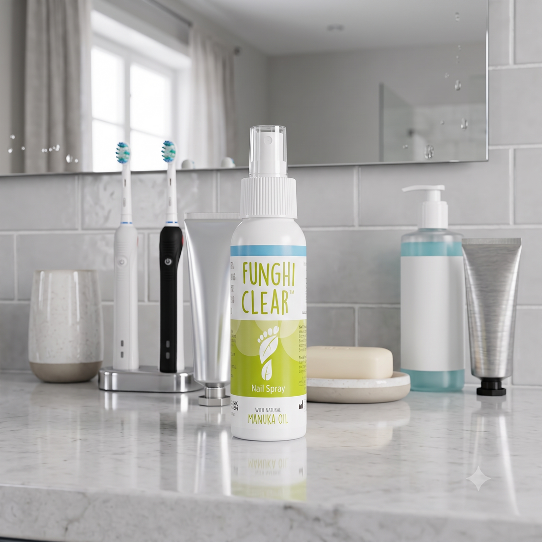 FunghiClear Manuka Oil Spray on a bathroom vanity counter top