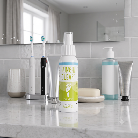 FunghiClear Manuka Oil Spray on a bathroom vanity counter top
