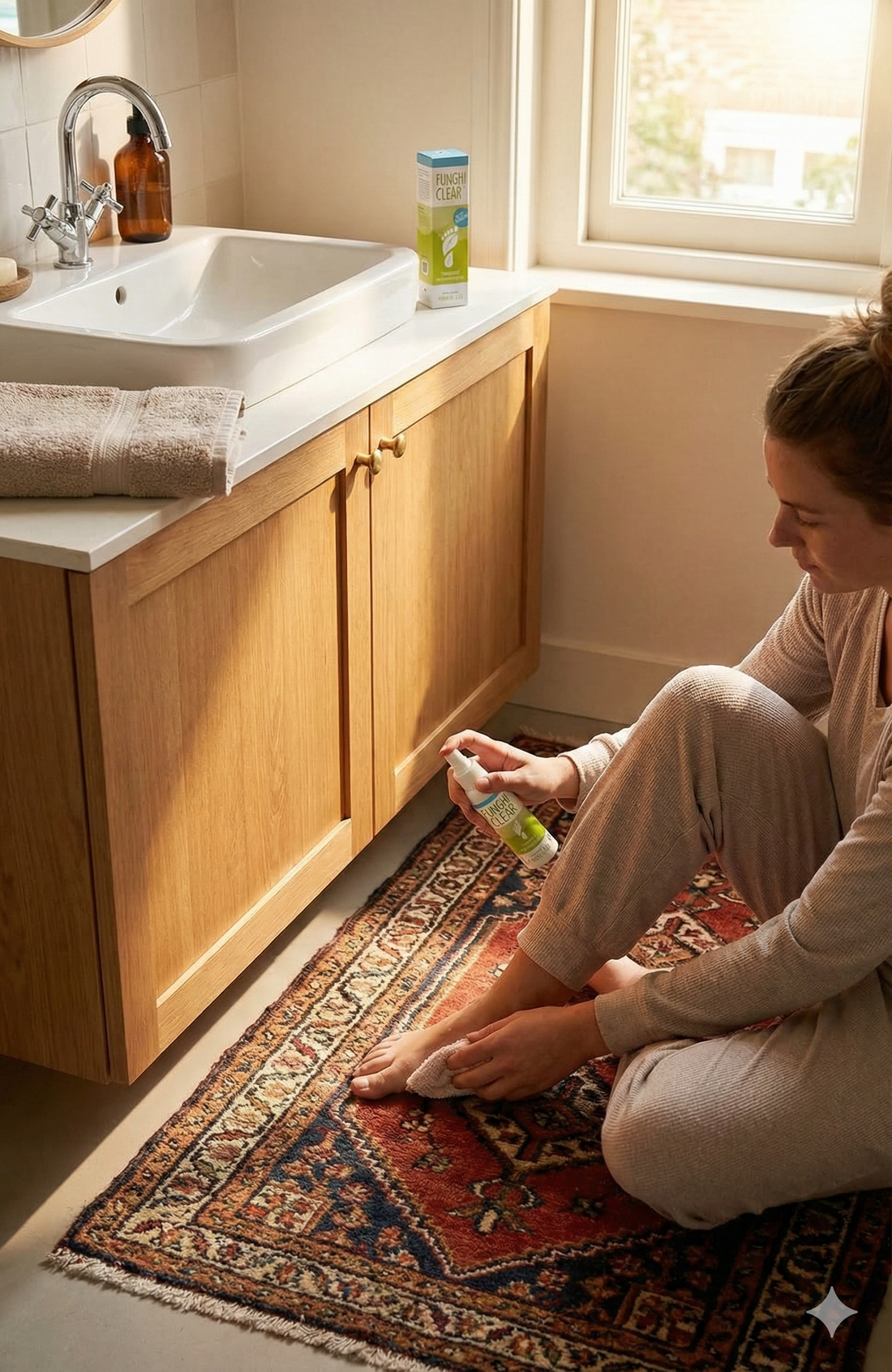 Warm bathroom vanity with a visible sink: one person seated on a patterned rug, fully drying between toes, then spritzing FunghiClear onto clean toenails in soft morning light.