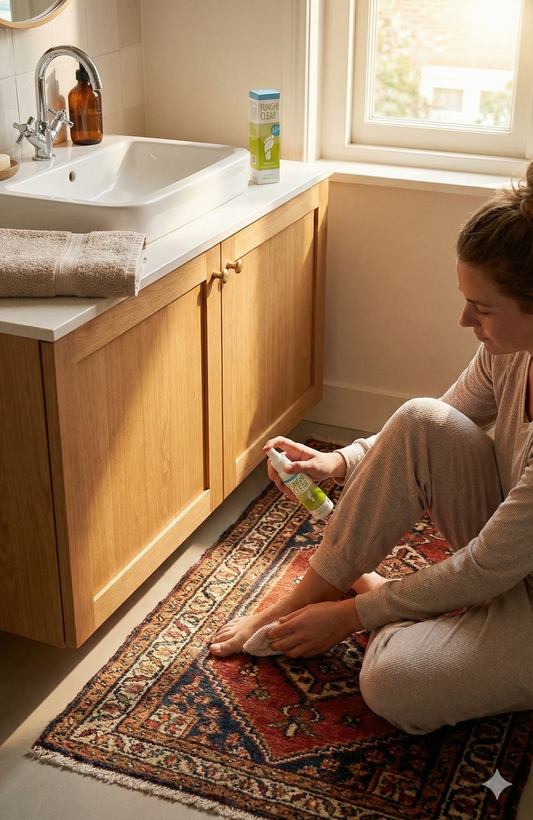 Warm bathroom vanity with a visible sink: one person seated on a patterned rug, fully drying between toes, then spritzing FunghiClear onto clean toenails in soft morning light.