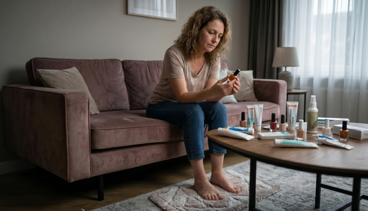 Woman sitting on couch comparing toenail treatments