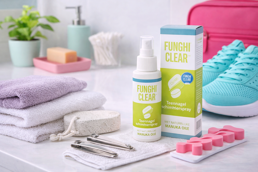 FunghiClear spray and matching box displayed on a bright bathroom counter beside fresh socks, clean nail clippers, a folded towel, and breathable shoes to illustrate healthy habits for keeping toenails clean