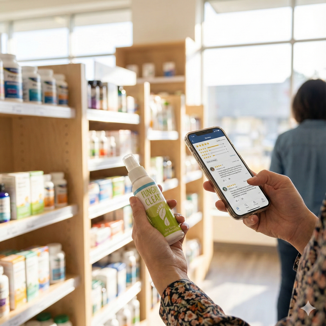 FunghiClear nail spray held in a bright pharmacy aisle while a person reads customer reviews on a smartphone, shelves softly blurred behind.