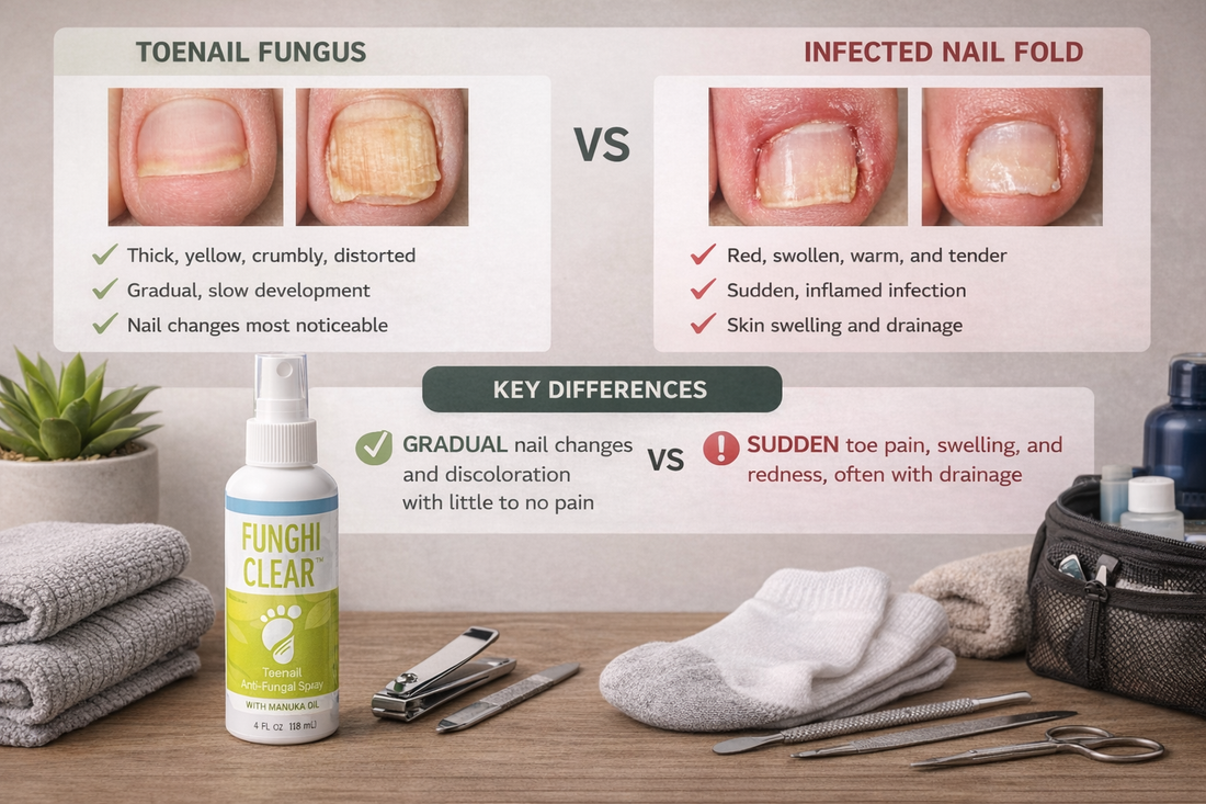  Educational foot care scene with FunghiClear beside clean nail tools, breathable socks, and a simple comparison layout showing thick yellow fungal-looking nails versus red swollen infected nail folds.