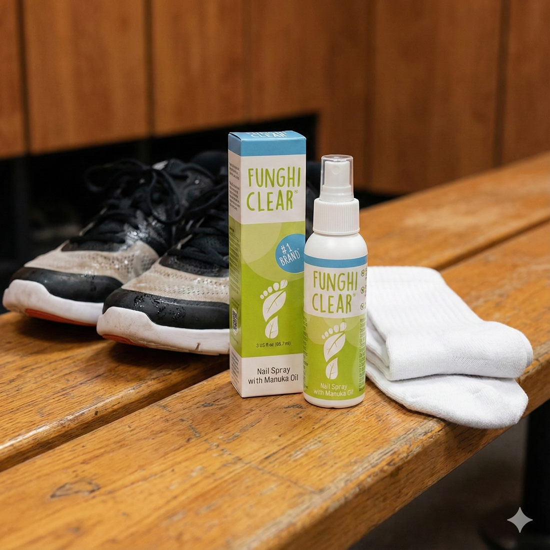 FunghiClear nail spray beside gym shoes and clean socks on a warm locker-room bench, showing a simple post-workout nail-care routine.