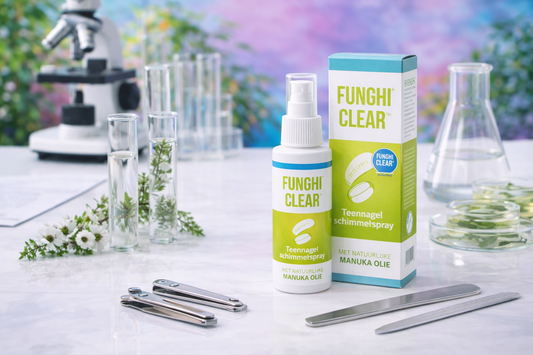 Laboratory-style display of FunghiClear manuka oil spray and matching box beside glass vials, botanical samples, and clean nail care tools to represent how manuka oil is studied for fungus-focused nail care.