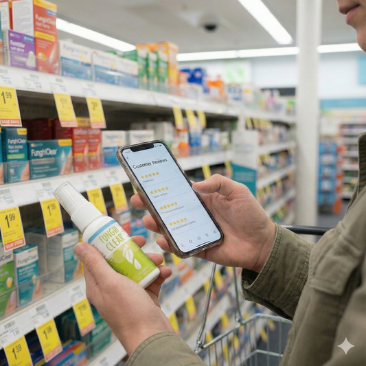 Person holding FunghiClear nail spray in a pharmacy aisle while reading customer reviews on a smartphone, shelves softly blurred behind.