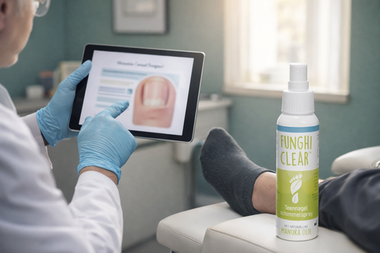 podiatrist in gloves explains common toenail fungus misconceptions using a tablet with a blurred nail diagram while a patient’s socked foot rests on an exam stool; FunghiClear green-and-white spray bottle. 