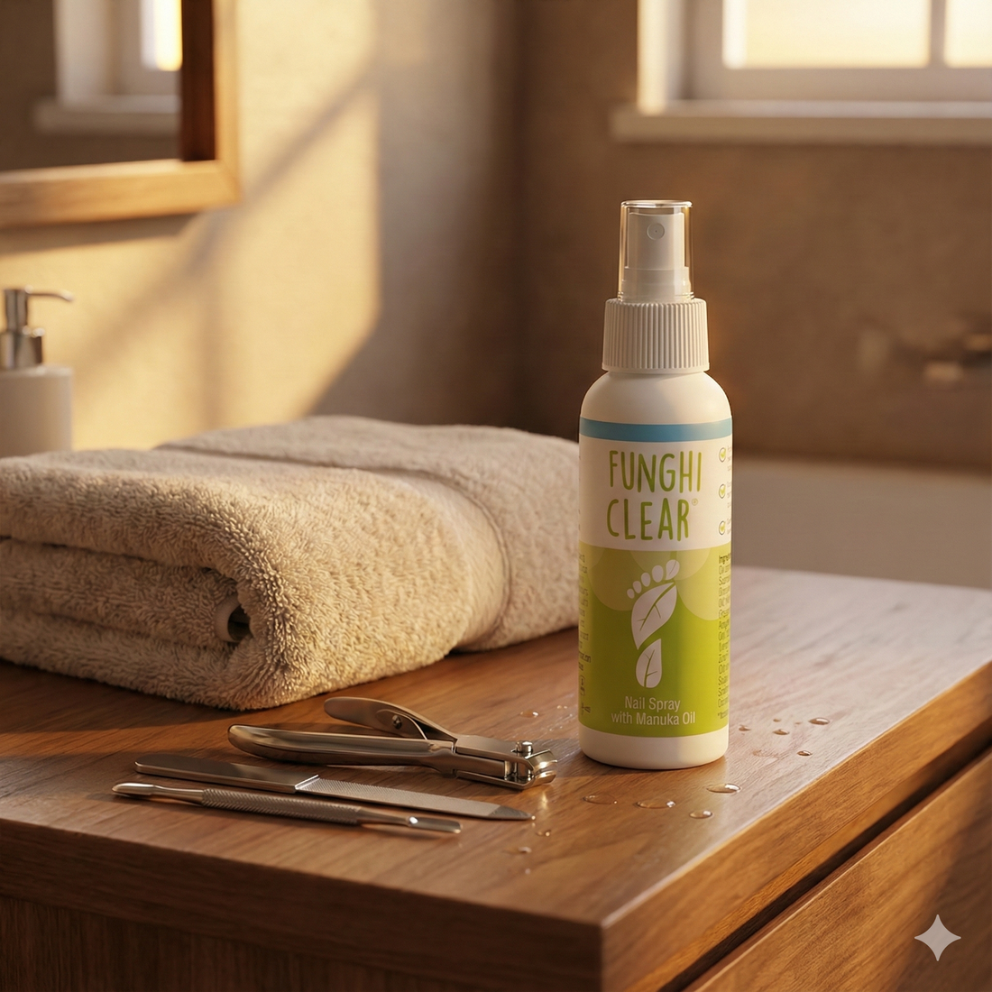 FunghiClear nail spray on a warm bathroom countertop beside a folded towel and nail care tools under cozy evening light.