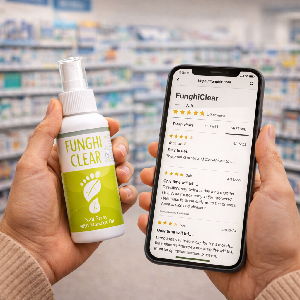 Person holding FunghiClear nail spray in a pharmacy aisle while reading customer reviews on a smartphone, shelves softly blurred behind.
