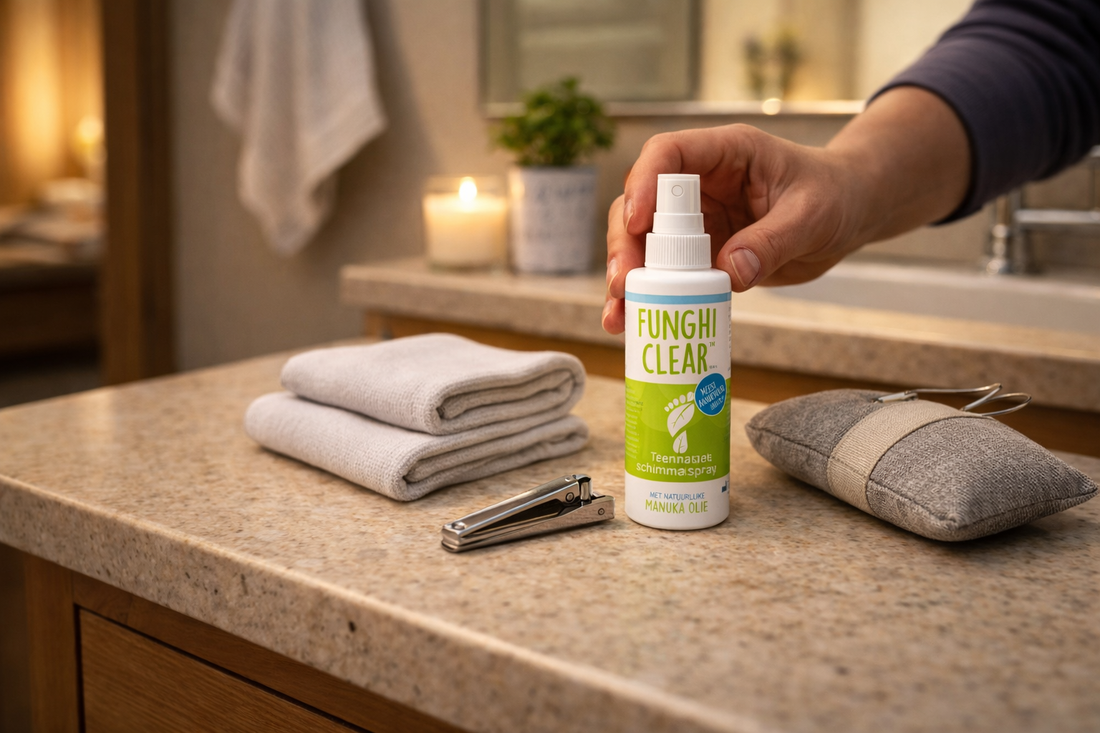Photorealistic square clinic-to-home transition scene: a patient sets FunghiClear on a bathroom counter beside a simple nail clipper, clean socks, and a shoe deodorizing pouch, soft evening light, realistic lived-in home, no readable text.