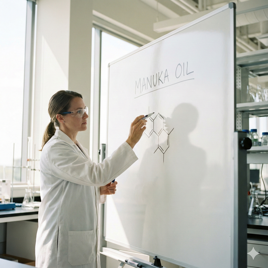 photo of a scientist in a modern lab pointing to a whiteboard labeled “Manuka Oil” with a simple blurred molecular-style diagram, soft natural light, no promotional text.