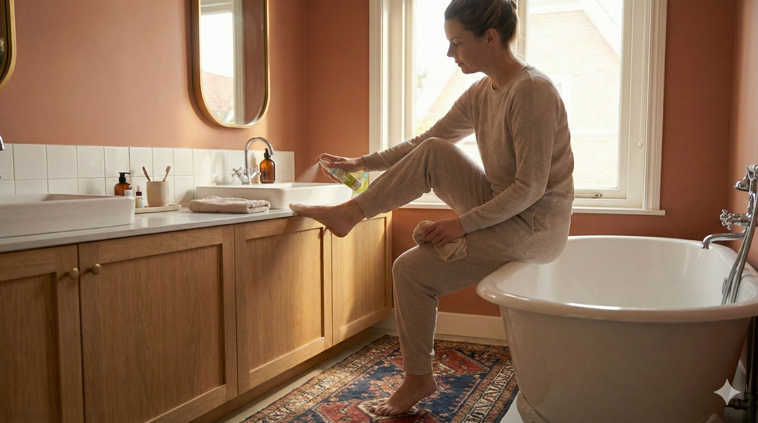 Warm bathroom scene: one person seated on a patterned rug, towel-drying their own clean foot while spraying FunghiClear onto toenails beside a softly lit sink vanity.