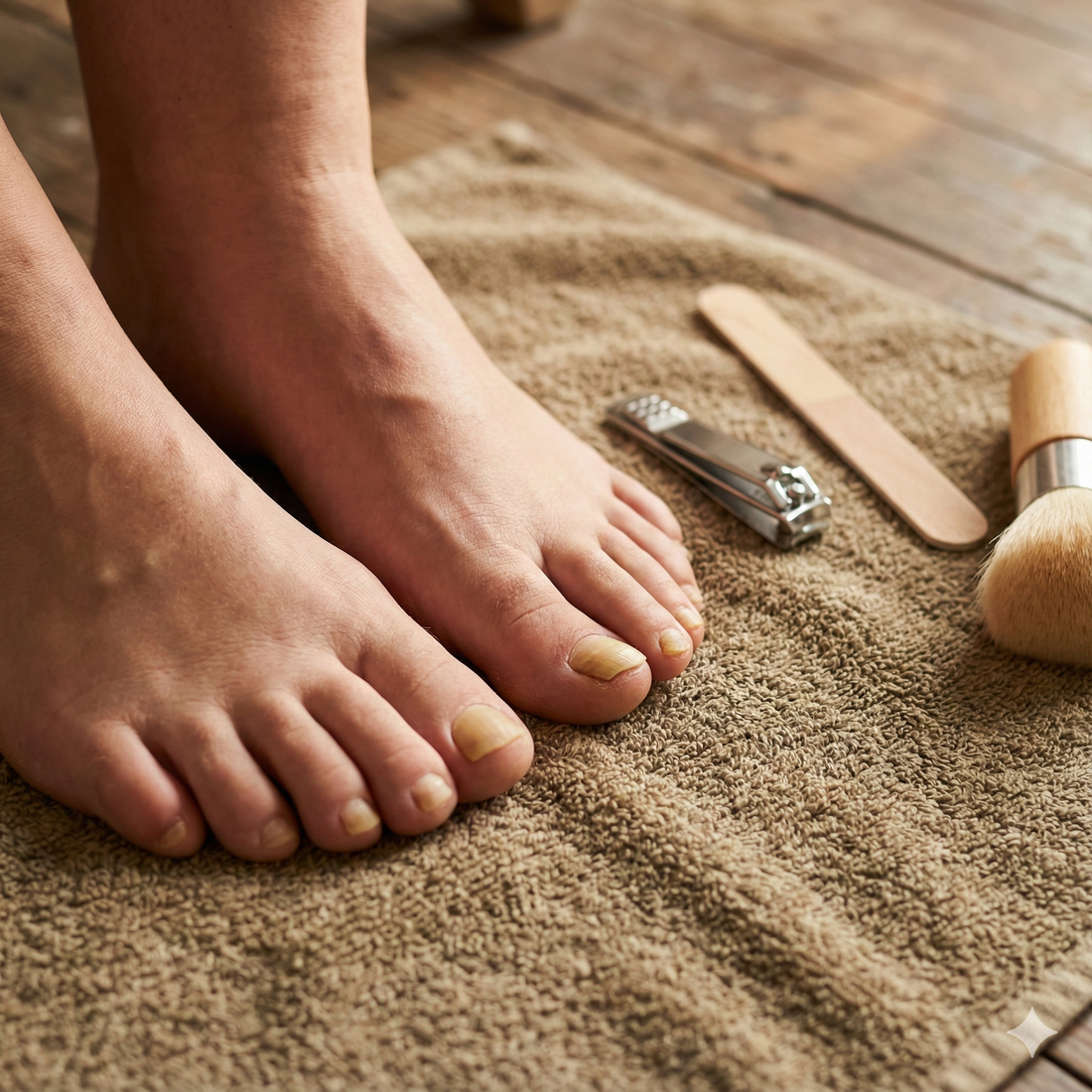 close-up of a person’s feet with visibly thickened, yellow-looking toenails and a small set of nail-care tools (clippers, file, and brush) laid out nearby on a towel, warm natural light, no promotional text.