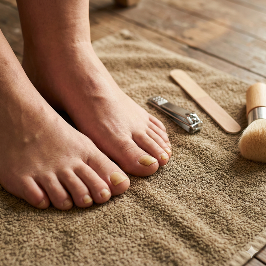 close-up of a person’s feet with visibly thickened, yellow-looking toenails and a small set of nail-care tools (clippers, file, and brush) laid out nearby on a towel, warm natural light, no promotional text.